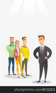 Angry caucasian business man shouting at his employees. Aggressive business man firing his employees. Annoyed business man yelling at his employees. Vector flat design illustration. Vertical layout.. Angry boss with employees during meeting.