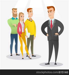 Angry caucasian business man shouting at his employees. Aggressive business man firing his employees. Annoyed business man yelling at his employees. Vector flat design illustration. Square layout.. Angry boss with employees during meeting.