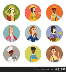 Angry caucasian business woman screaming. Young angry business woman shouting. Set of different professions. Set of vector flat design illustrations in the circle isolated on white background.. Vector set of characters of different professions.