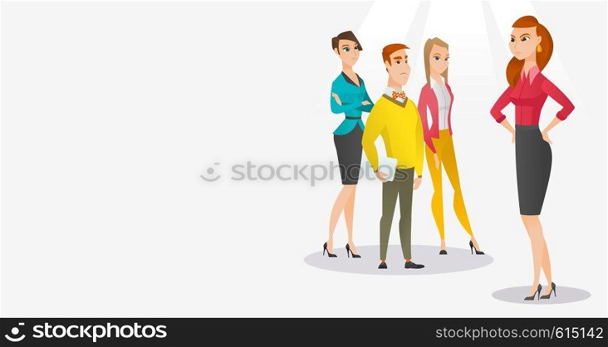 Angry caucasian business woman shouting at her employees. Aggressive business woman firing employees. Annoyed business woman yelling at employees. Vector flat design illustration. Horizontal layout.. Angry boss with employees during meeting.