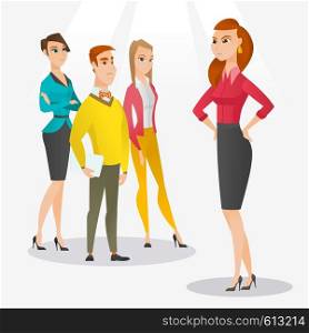 Angry caucasian business woman shouting at her employees. Aggressive business woman firing her employees. Annoyed business woman yelling at employees. Vector flat design illustration. Square layout.. Angry boss with employees during meeting.