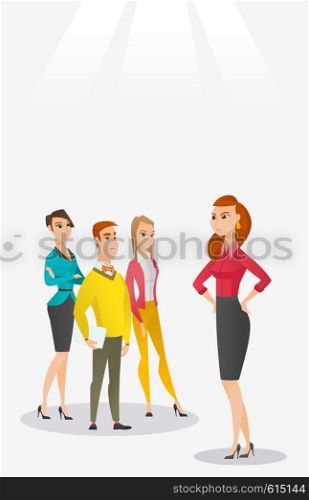 Angry caucasian business woman shouting at her employees. Aggressive business woman firing her employees. Annoyed business woman yelling at employees. Vector flat design illustration. Vertical layout.. Angry boss with employees during meeting.