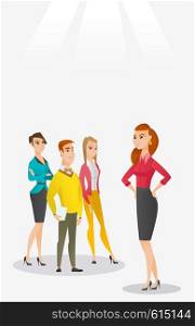 Angry caucasian business woman shouting at her employees. Aggressive business woman firing her employees. Annoyed business woman yelling at employees. Vector flat design illustration. Vertical layout.. Angry boss with employees during meeting.
