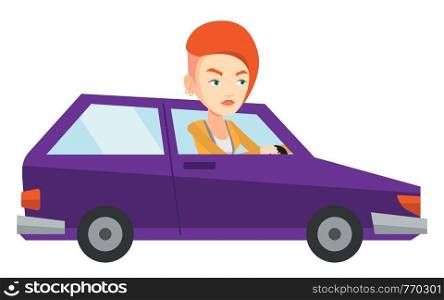 Angry caucasian car driver stuck in a traffic jam. Irritated woman driving a car in a traffic jam. Agressive driver honking in traffic jam. Vector flat design illustration isolated on white background. Angry caucasian woman in car stuck in traffic jam.
