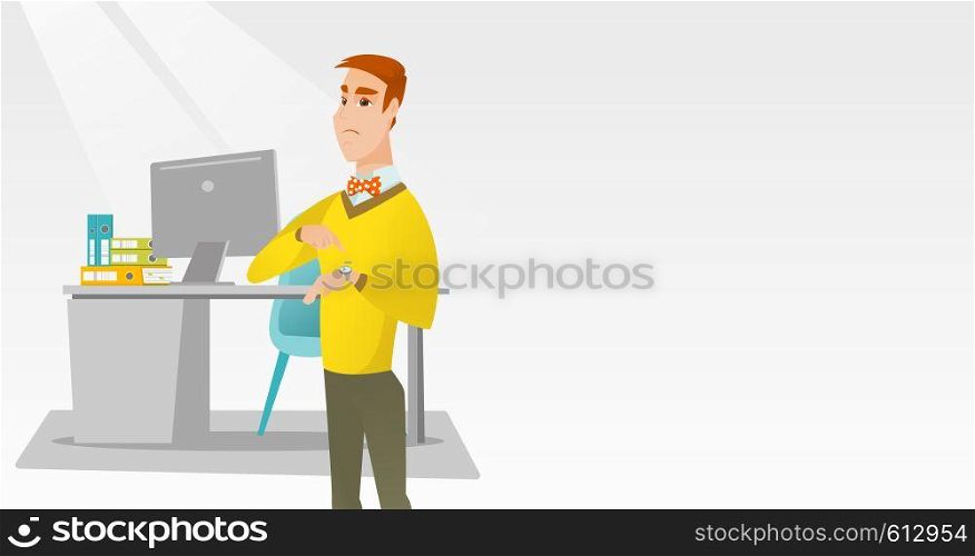 Angry caucasian employer pointing at wrist watch. Employer checking time of coming of latecomer employee. Concept of late to work and deadline. Vector flat design illustration. Horizontal layout.. Angry businessman pointing at wrist watch.