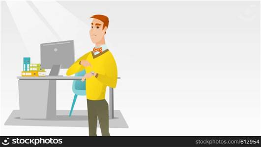 Angry caucasian employer pointing at wrist watch. Employer checking time of coming of latecomer employee. Concept of late to work and deadline. Vector flat design illustration. Horizontal layout.. Angry businessman pointing at wrist watch.