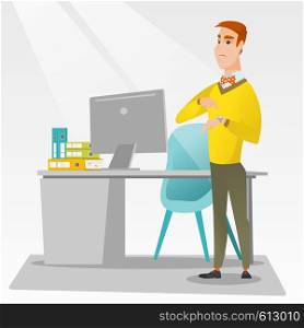 Angry caucasian employer pointing at wrist watch. Irritated employer checking time of coming of latecomer employee. Concept of late to work and deadline. Vector flat design illustration. Square layout. Angry businessman pointing at wrist watch.