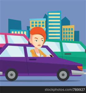 Angry caucasian female car driver stuck in a traffic jam. Irritated young woman driving a car in a traffic jam. Agressive driver honking in traffic jam. Vector flat design illustration. Square layout.. Angry caucasian woman in car stuck in traffic jam.