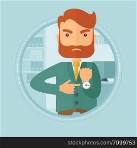 Angry caucasian hipster businessman with beard standing in office, pointing at his wrist watch and showing that employee is late. Vector flat design illustration in the circle isolated on background.. Angry boss pointing at wrist watch.