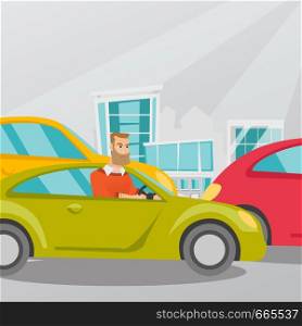 Angry caucasian man in a car stuck in a traffic jam. Irritated young hipster man driving a car in a traffic jam. Agressive driver honking in a traffic jam. Vector cartoon illustration. Square layout.. Angry caucasian man in car stuck in traffic jam.