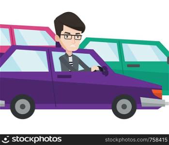 Angry caucasian man in car stuck in a traffic jam. Irritated man driving a car in a traffic jam. Agressive driver honking in traffic jam. Vector flat design illustration isolated on white background.. Angry caucasian man in car stuck in traffic jam.