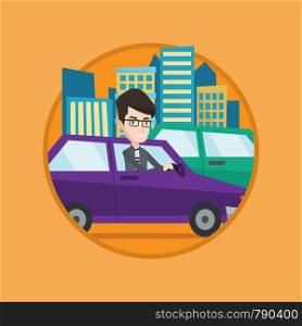 Angry caucasian man stuck in a traffic jam. Irritated man driving a car in a traffic jam. Agressive driver honking. Vector flat design illustration in the circle isolated on background.. Angry caucasian man in car stuck in traffic jam.