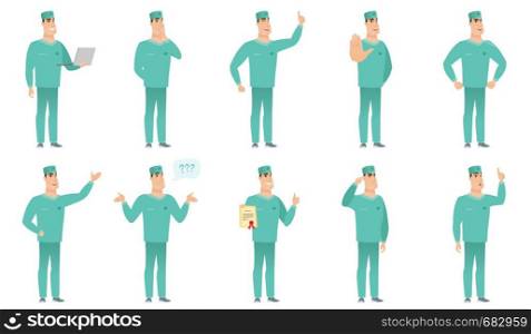 Angry caucasian surgeon gesturing with his finger against his temple. Full length of surgeon twisting his finger against temple. Set of vector flat design illustrations isolated on white background.. Vector set of surgeon characters.