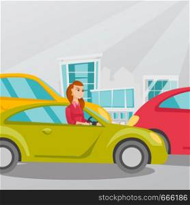 Angry caucasian woman in a car stuck in a traffic jam. Irritated young woman driving a car in a traffic jam. Agressive driver honking in a traffic jam. Vector cartoon illustration. Square layout.. Angry caucasian woman in car stuck in traffic jam.