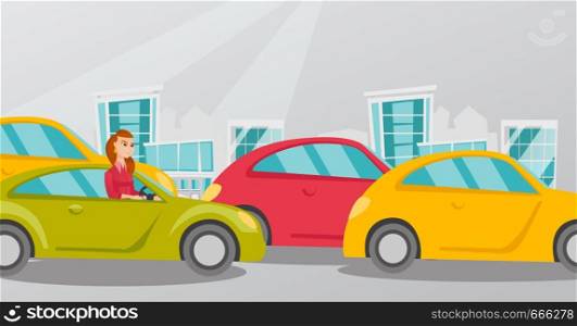 Angry caucasian woman in a car stuck in a traffic jam. Irritated young woman driving a car in a traffic jam. Agressive driver honking in a traffic jam. Vector cartoon illustration. Horizontal layout.. Angry caucasian woman in car stuck in traffic jam.