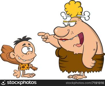 Angry Cave Woman Mother Talking To Caveman Boy. Vector Illustration Isolated On White Background