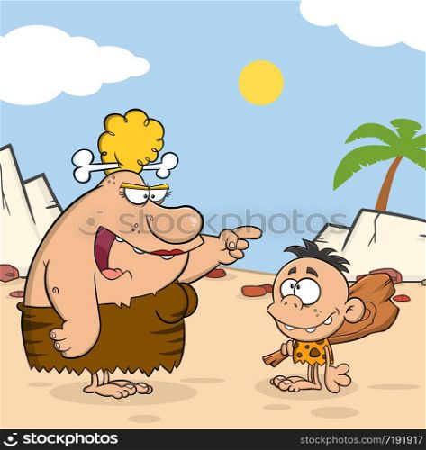 Angry Cave Woman Mother Talking To Caveman Boy. Vector Illustration With Background