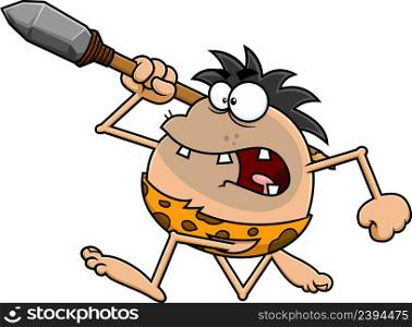 Angry Caveman Cartoon Character Running With A Spear. Vector Hand Drawn Illustration Isolated On White Background