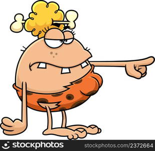 Angry CaveWoman Cartoon Character Pointing. Vector Hand Drawn Illustration Isolated On White Background