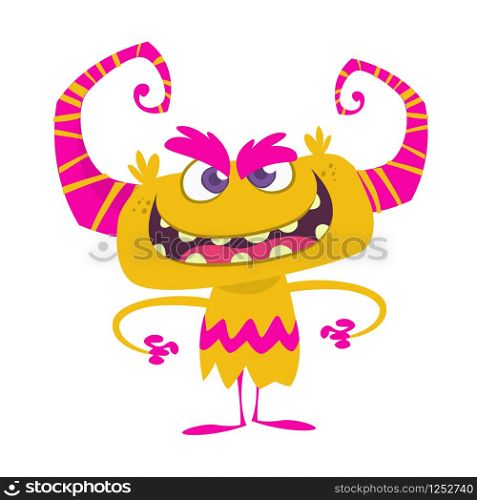 Angry cool cartoon monster with red horns. Vector illustration of funny troll or gremlin or little monster