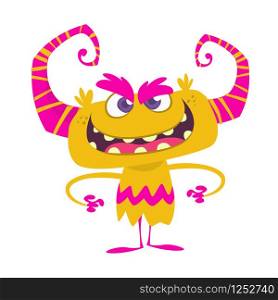 Angry cool cartoon monster with red horns. Vector illustration of funny troll or gremlin or little monster