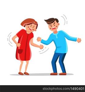 Angry Couple Arguing, Shouting And Blaming Vector. Characters Man And Woman, Husband And Wife Couple Screaming, Unhappy Young Family Fighting. Boy And Girl Relationship Flat Cartoon Illustration. Angry Couple Arguing, Shouting And Blaming Vector
