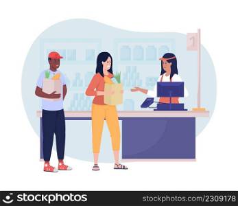 Angry customer 2D vector isolated illustration. Shop buyer. Woman feels irritation flat characters on cartoon background. Supermarket brawl colourful scene for mobile, website, presentation. Angry customer 2D vector isolated illustration