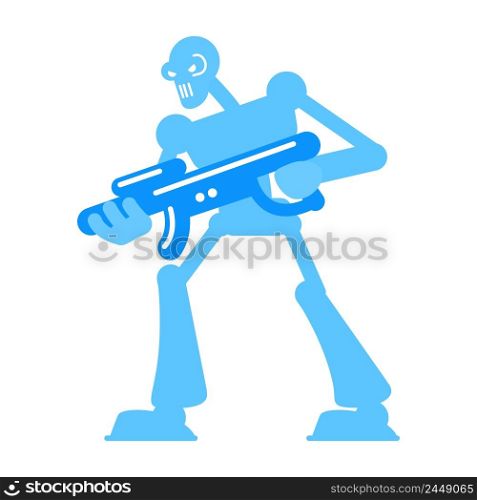 Angry cyborg with firearm semi flat color vector character. Standing figure. Fictional anti hero. Full body personage on white. Simple cartoon style illustration for web graphic design and animation. Angry cyborg with firearm semi flat color vector character
