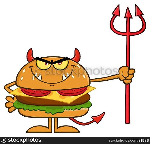 Angry Devil Burger Cartoon Character Holding A Trident. Illustration Isolated On White Background
