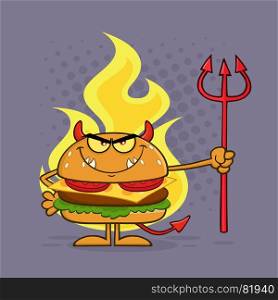 Angry Devil Burger Cartoon Character Holding A Trident Over Flames. Illustration With Purple Halftone Background