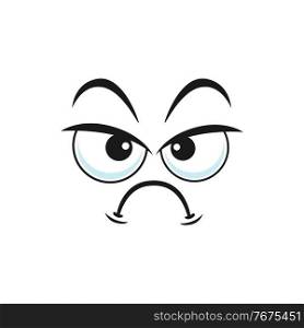 Angry disbelief emoticon expression, distrusted sad mood emoji isolated icon. Vector suspicious emoticon with angry face. Doubtful or questioned smiley line art, distrustful emoji with big eyes. Distrusted sad mood suspicious expression isolated