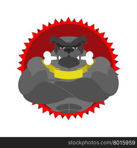 Angry dog Round emblem. Large Bulldog bodybuilder with bone. Vector logo pet with big muscles. Logo for the Sports Club.&#xA;