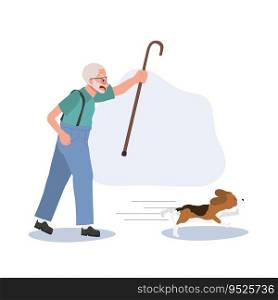 Angry Elderly man Determinedly Pursuing His Energetic Dog. Old man Pursuing His Pet Dog. 