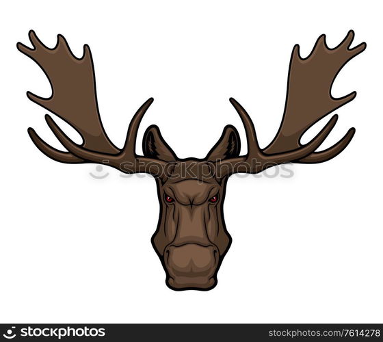 Angry elk or moose mascot with horns, isolated animal head vector icon, hunting club or sport team mascot emblem. Wild forest elk, cartoon hoofed horned mammal herbivore muzzle with red eyes. Angry elk moose animal mascot with horns