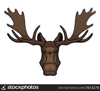 Angry elk or moose mascot with horns, isolated animal head vector icon, hunting club or sport team mascot emblem. Wild forest elk, cartoon hoofed horned mammal herbivore muzzle with red eyes. Angry elk moose animal mascot with horns