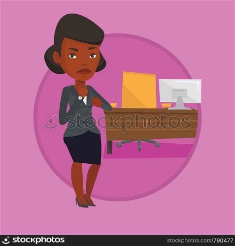 Angry employer pointing at time on wrist watch. Employer checking time of coming of latecomer employee. Concept of late to work. Vector flat design illustration in the circle isolated on background.. Angry employer pointing at wrist watch.