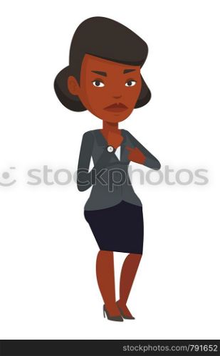 Angry employer pointing at time on wrist watch. African employer checking time of coming of latecomer employee. Concept of late to work. Vector flat design illustration isolated on white background.. Angry employer pointing at wrist watch.
