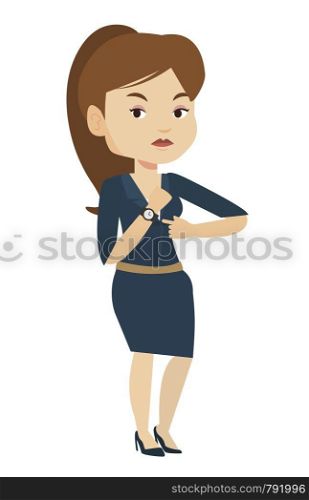 Angry employer pointing at time on wrist watch. Caucasian employer checking time of coming of latecomer employee. Concept of late to work. Vector flat design illustration isolated on white background.. Angry employer pointing at wrist watch.