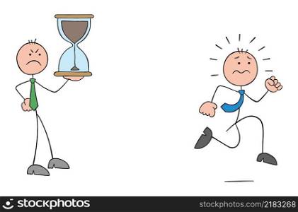 Angry evil stickman boss holding hourglass and stickman employee running to complete project before deadline. Hand drawn outline cartoon vector illustration.