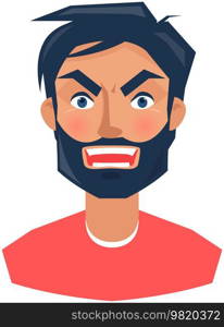 Angry face expression of adult man. Person with emotion of anger. Distresses, frustrated, upset face of male character. Unhappy, negative guy vector illustration. Expressing human emotion concept. Angry face expression of adult man. Guy with emotion of anger. Distresses, frustrated, upset person