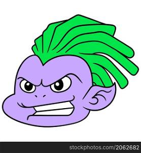 angry faced monster head with purple skin and green hair