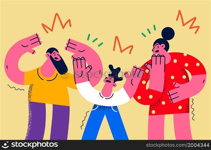 Angry family with kid fight quarrel. Unhappy parents have misunderstanding ignore child presence. Domestic violence. Parenthood problem concept. Flat vector illustration, cartoon character. . Angry family with kid have fight