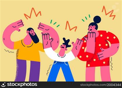Angry family with kid fight quarrel. Unhappy parents have misunderstanding ignore child presence. Domestic violence. Parenthood problem concept. Flat vector illustration, cartoon character. . Angry family with kid have fight
