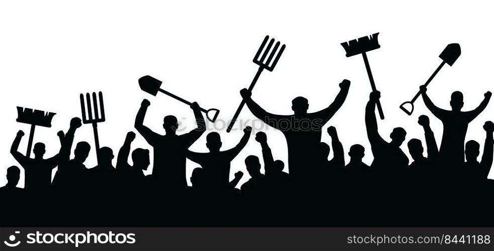 Angry farmers protest demonstration. A crowd of people protest with shovel, pitchfork and broom. Cartoon stickman farmer are protestation, manifestation, protesting or activists. 