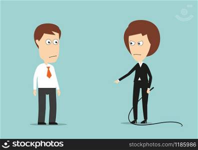 Angry female boss with whip training lazy employee, for stress or violence at work concept design. Cartoon flat style. Female boss with whip training lazy employee