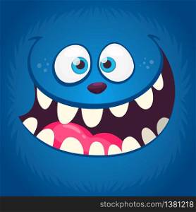 Angry funny cartoon monster face with a big mouth. Vector Halloween blue monster illustration