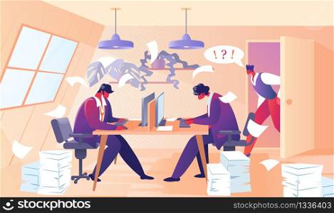 Angry Furious Boss Character Yelling at Employee Office Worker Sitting at Desk with Computer and Huge Piles Documents. Businessman in Stress Deadline Situation. Cartoon Flat Vector Illustration.. Angry Boss Yelling at Employee Office Workers
