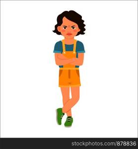 Angry girl in blue shirt isolated vector illustration on white background. Angry girl in blue shirt