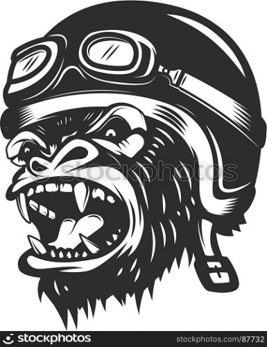 Angry gorilla ape in racer helmet. Design element for logo, label, emblem, poster, t shirt. Vector illustration