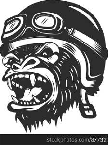 Angry gorilla ape in racer helmet. Design element for logo, label, emblem, poster, t shirt. Vector illustration